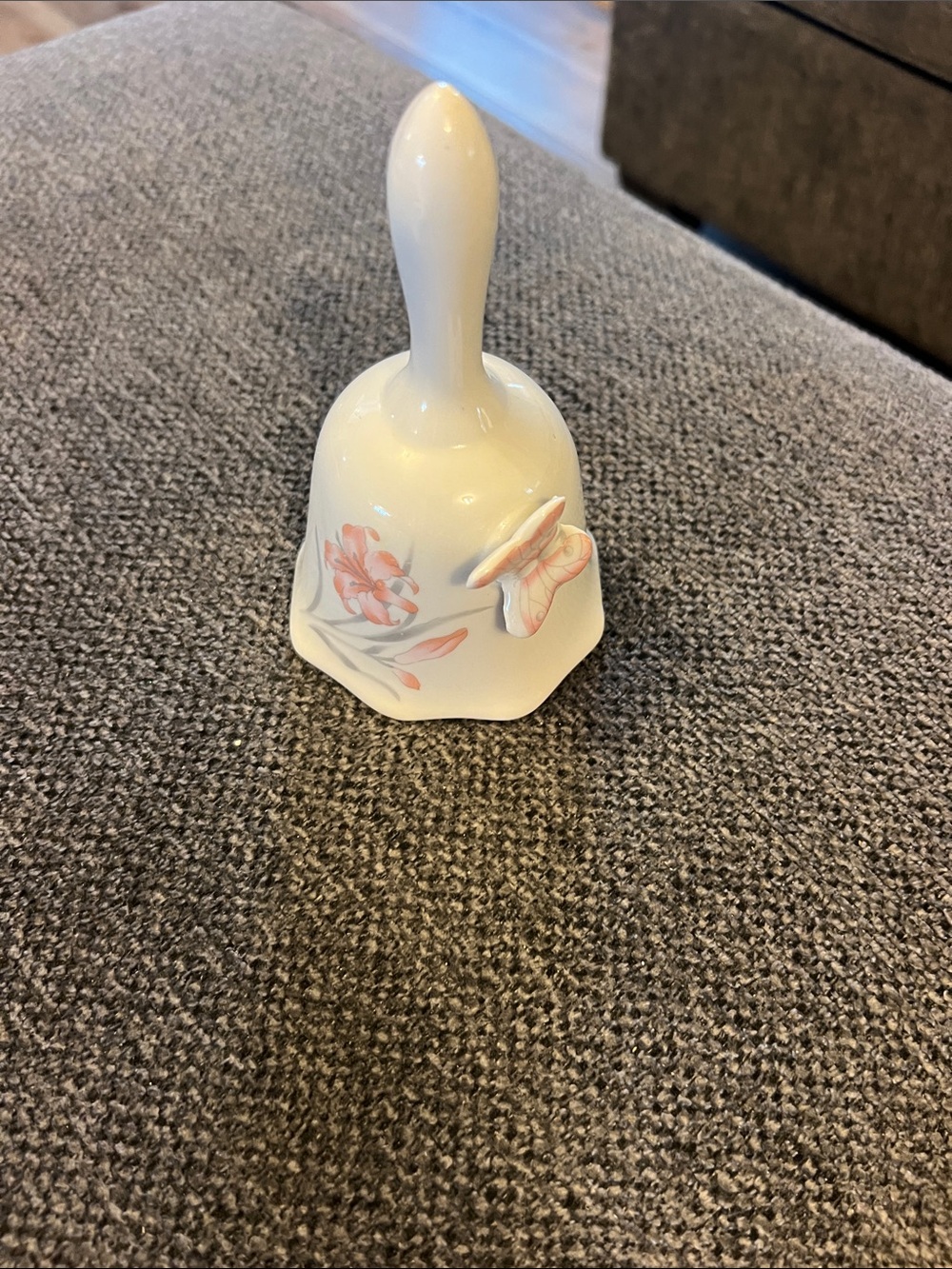 Avon Vintage White Porcelain Hand Bell with Coral Floral Detail And Butterfly